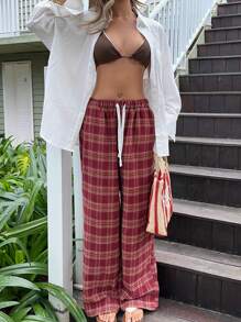 CovetEZ 女士酒红色撞色格纹休闲舒适家居裤 - 酒紅色 - 查看 6