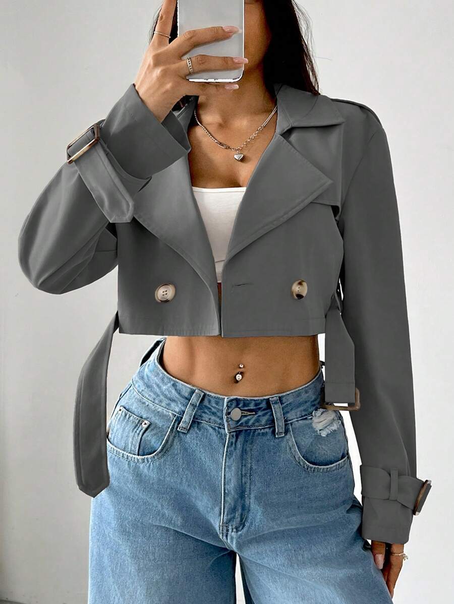 SHEIN EZwear Women's Dark Grey Lapel Button-Front Long Sleeve Short Trench Coat In Fall/Winter - Dark Grey - View 1