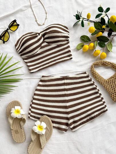 Soleia 2pcs/Set Women's Vacation Energetic Red & White Striped Tube Top With Twist Detail And Super Short Casual Pants, Suitable For Dates, Parties, Beach Vacations