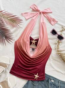 Soleia 女士扎染渐变印花露肩迷你连衣裙，镂空褶饰紧身胸衣，饰有金属海星装饰，修身剪裁，适合度假、约会、下午茶、海滩、游轮、公路旅行、音乐节、波西米亚风格，四季皆宜