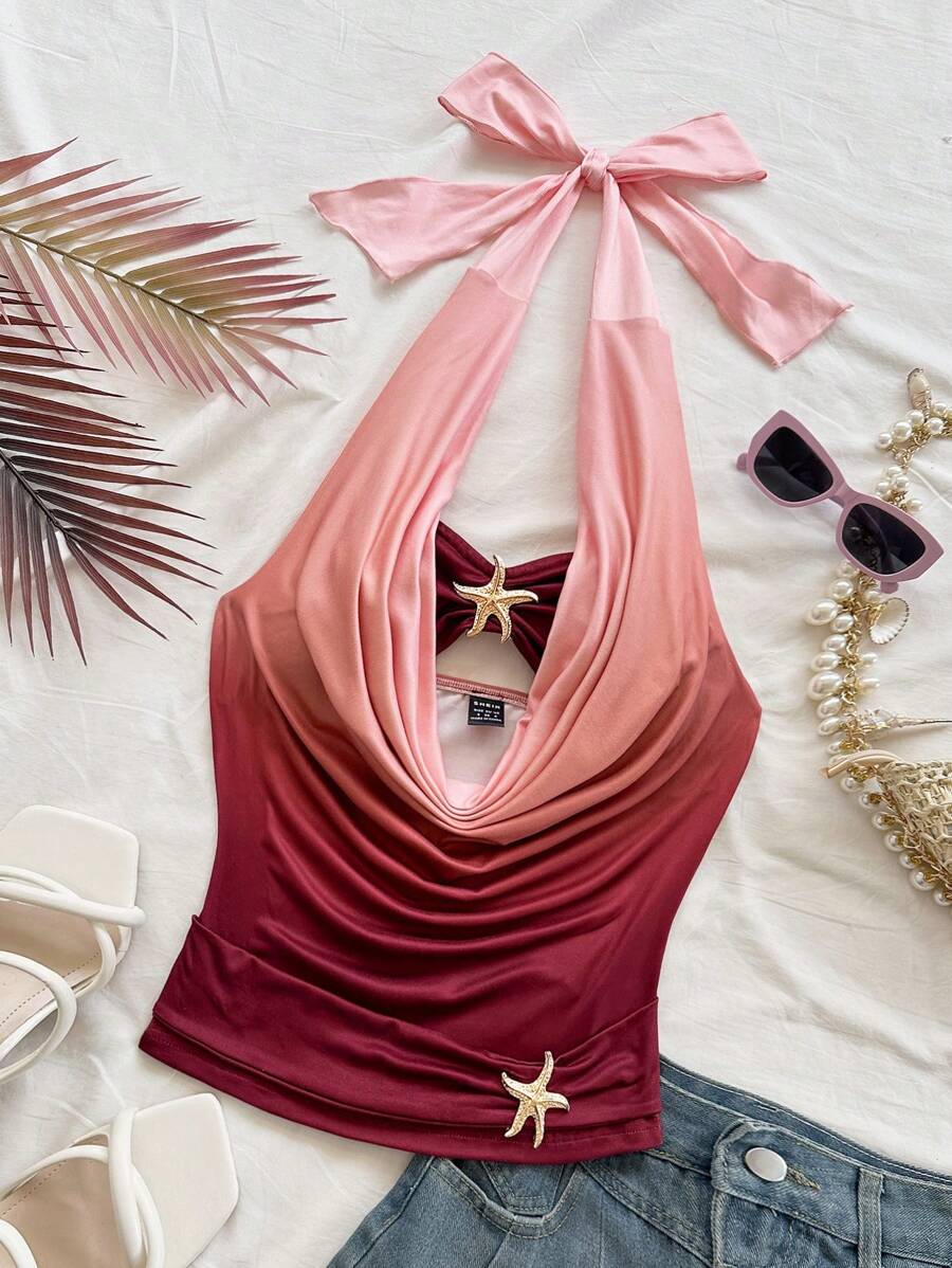 Soleia 女士扎染渐变印花露肩迷你连衣裙，镂空褶饰紧身胸衣，饰有金属海星装饰，修身剪裁，适合度假、约会、下午茶、海滩、游轮、公路旅行、音乐节、波西米亚风格，四季皆宜