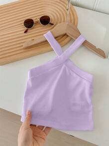SHEIN 2pcs/Pack Young Girl Cold-Shoulder Ribbed Form-Fitting Camisole, Multi-Pack Basic Tank Tops - Mauve Purple - View 6