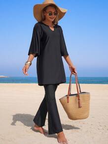 Swim Mulvari Women Black Plain Long Sleeve V-Neck Top And Wide Leg Flare Pants 2-Piece Outfit For Summer Beach Vacation