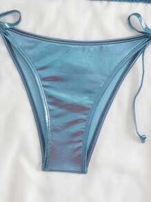 SHEIN Swim Vcay Bộ bikini hở lưng màu trơn - Màu xanh lam - Xem 5
