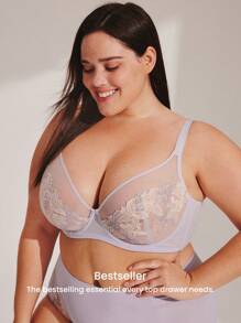 LUVLETTE Lencería para mujer plus size con sujetador sin relleno de malla y encaje, con aros, full coverage, push-up y transpirable, en color púrpura minimalista
