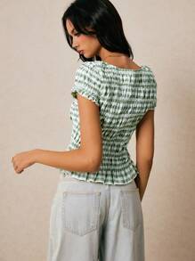 Poéselle 女士夏季休闲条纹印花褶皱修身衬衫 - 綠色 - 查看 2