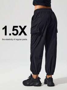 Menodora SHEIN Sport Pantalones de verano de unicolor con bolsillo para mujer - Negro - Ver 4