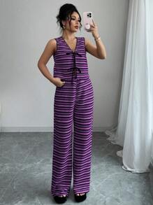 Elenzga Setelan 2 Potong Wanita: Atasan Cami Bergaris dengan Tali Depan dan Celana Panjang, Musim Panas - Purple - View 5