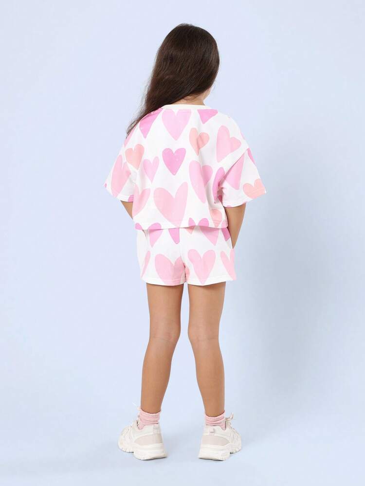 Heart Print Short Sleeve Young Girls T-Shirt Co-Ords