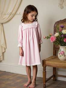 Young Girls Light Pink Minimalist Lovely Knitted Round Neck Contrast Lace Nightgown Loungewear - Baby Pink - View 1
