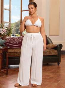 Swim Vcay Plus Size Casual Drawstring Solid White Cover Up Pants For Summer Beach Vacation - White - View 3