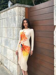 Swim Shayni 女士时尚花卉印花长袖拉链后背连体泳衣，带网眼裙摆，休闲度假连体泳衣 - 彩色 - 查看 4