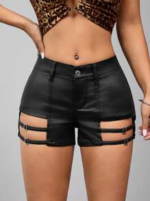 SHEIN Women's PU Coated Hollow Out Lace Up Zipper Fly Shorts - Black - View 5