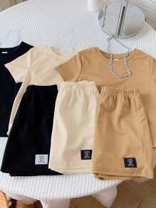 SHEIN 6件套男婴/女婴可爱纯色字母印花短袖T恤和松紧腰短裤基础多件套，春夏男婴服装，中性婴儿服装，男婴休闲短袖