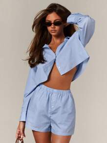 Athîral Women's Cotton Poplin Button Crop Shirt, Casual Spring Summer - Blue - View 1