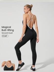 GLOWMODE 24" FeatherFit™-Air Glow Get Em Crossover Straps Butt Scrunch Removable Cups Contrast Color Bodysuit Romper Low-Impact Yoga Pilates Studio Daily Casual Wear