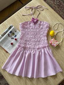 SHEIN EZwear Vestido mini de cuello de halter a rayas con decoración floral 3D para vacaciones de verano - Rosa - Ver 6