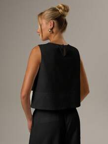 SHEIN Forever 21 女式无袖纯色休闲圆领衬衫，夏季 - 黑色 - 查看 2