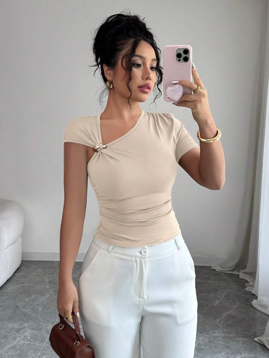 Elenzga Women Elegant Asymmetric Neckline 3D Rose Metallic Button Embellished Short Sleeve T-Shirt