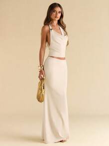 SHEIN BAE 女士露背金属装饰咖啡棕色美人鱼剪裁针织套装 - 杏色 - 查看 4