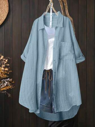 Linhara 大码女式长袖单排扣口袋条纹长款休闲衬衫