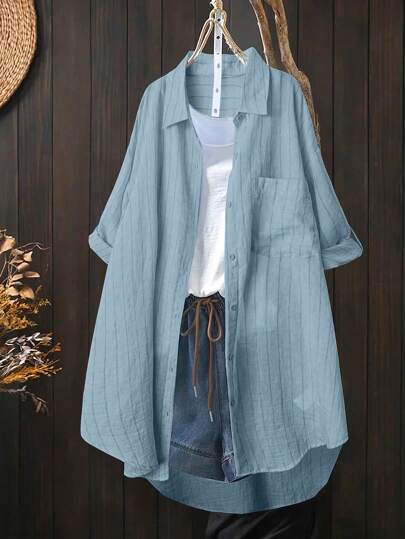 Linhara プラスサイズ レディース 長袖シングルブレスト ポケット ストライプ 長めカジュアルシャツ