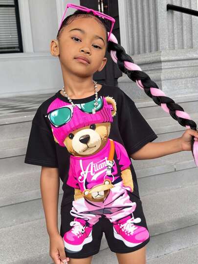 SHEIN Summer Cool Girl Pink Bear Cartoon Print Short Sleeve T-Shirt And Shorts Two Pieces Set, Young Girls' Casual Simple Outfit
