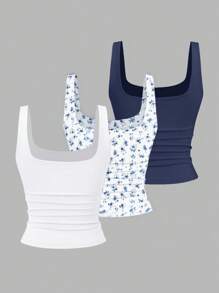 Sweetra Women Casual Square Neck Pleated Camisole, Summer