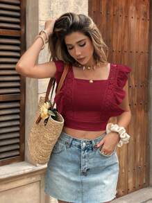 SHEIN Frenchy Women's Solid Colored Lace Patchwork Bowknot Ruffle Sleeve Blouse Christmas Thanks Giving Summer New Year Valentine's Day Vacation Holiday Resort - Red - View 8