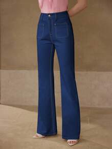 MOTF PREMIUM POCKET PATCHED FLARE LEG JEANS - Dark Wash - View 1