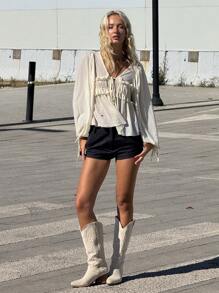 SHEIN ICON Áo sơ mi tay dài lưới xếp ly ngực viền rau diếp - Màu be - Xem 5