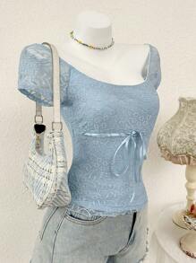 Modelyn 女士花卉蕾丝前系带短袖修身优雅 T 恤