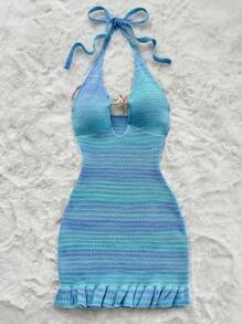 Sweetina Women's Deep V-Neck Backless Halter Beach Vacation Knit Dress - Blue - View 4