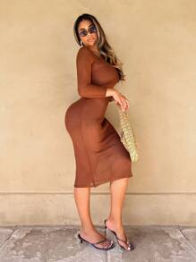 Zolique Women's Solid Color Round Neck 3/4 Sleeve Tie-Back Form-Fitting Long Dress Fall Cloth For Women