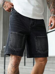 Manfinity Homme Men's Loose Bermuda Denim Cargo Shorts With Pockets, Casual - Black - View 6