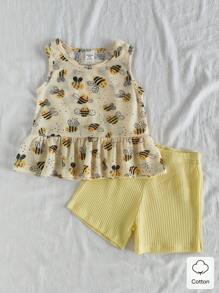 Vintaside Kids 女婴夏季可爱蜜蜂印花圆领荷叶边上衣和短裤休闲两件套 - 彩色 - 查看 1