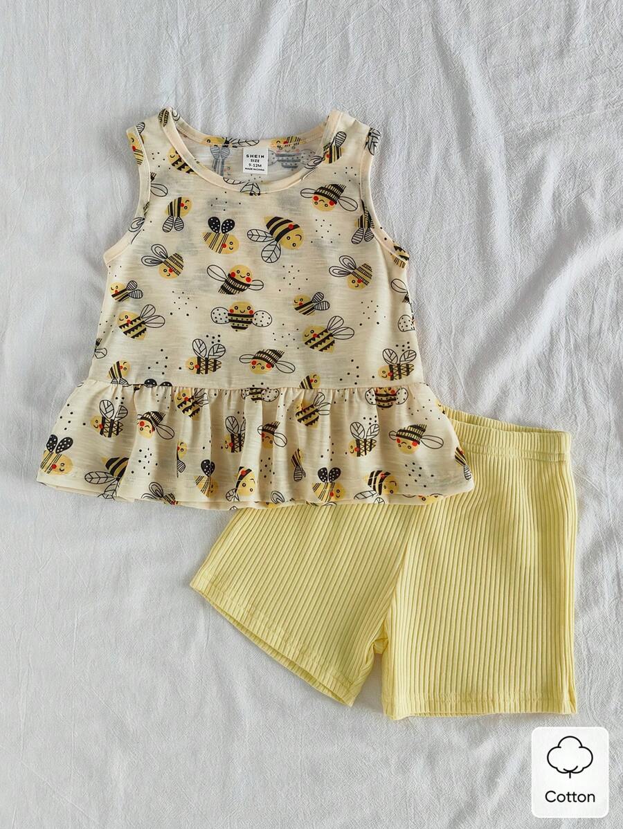 Vintaside Kids 女婴夏季可爱蜜蜂印花圆领荷叶边上衣和短裤休闲两件套 - 彩色 - 查看 1