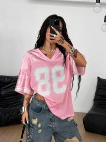 Coolane Women's Spring/Summer Festival Going Out Streetwear Vintage Breathable Mesh Number Pattern Graphics Baseball Jersey Pink Jersey - Pink - View 4
