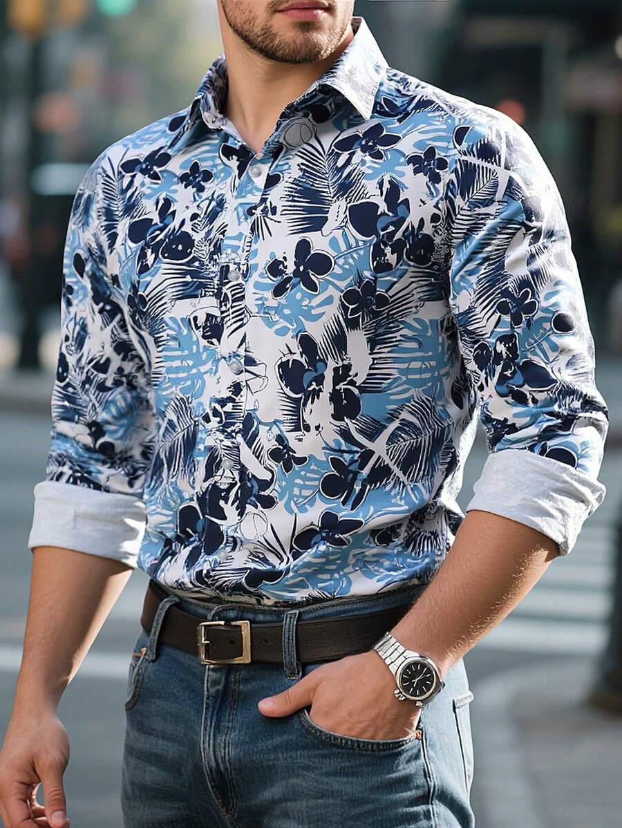 Manfinity Homme 男士热带植物印花单排扣长袖休闲衬衫 - 彩色 - 查看 1