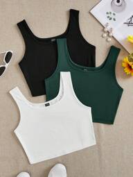 SHEIN EZwear Set de 3 tops de actividad cortos sin costuras de mujer en negro, blanco y verde, aptos para el verano