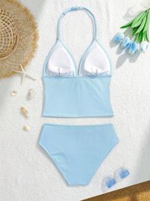 SHEIN Teen Girls' Tankini Set - Adjustable Spaghetti-Strap Sleeveless Bikini Top & Shell/Starfish Decor Triangle Bottoms, Blue Ribbed Fabric, 2pcs Swimsuit Summer Holiday - Blue - View 2