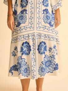 CAJUNI Damen Große Größen Boho tropisches Blumen Muster V-Ausschnitt Fledermaus Ärmel rückenfrei Lässig Sommer Maxikleid, Beige