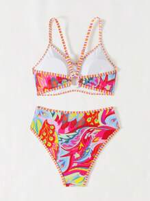 Swim Vcay 2pcs/Set Summer Beach Outfits For Women, Random Color Strap Tank Top & High Waisted Bikini Swimwear Bottom