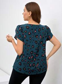 Reflora 春季女士加大码优雅豹纹绿色纽扣衬衫，百搭日常穿着 - 彩色 - 查看 2