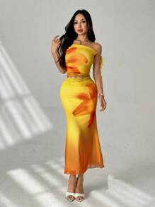 SHEIN PETITE 2 件套扎染花朵针织网眼短款上衣和美人鱼长裙，女士夏季度假装，适合日常穿着 - 彩色 - 查看 2