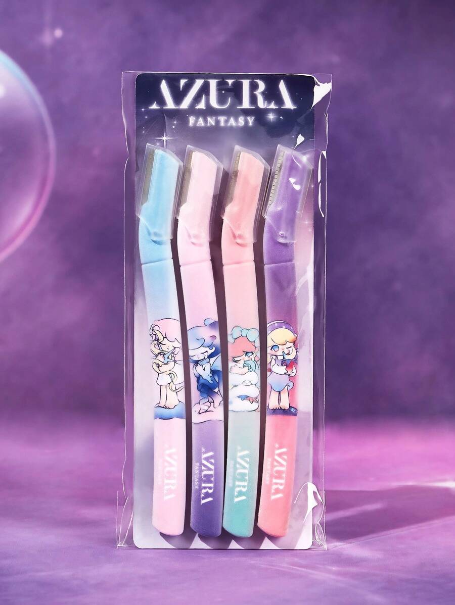 Pop Mart Azura X SHEIN 4pcs Cartoon Pattern Eyebrow Trimmer Set, With Blades That Won't Scratch Your Skin, Can Be Used On Eyebrows, Face, Body And Other Parts, Suitable For Women And Men,Tears - Multicolor - View 1
