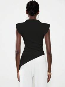 Lumivelle Women's Simple Asymmetrical Hem Top With Zipper Sleeve Cuff, Minimalist T-Shirt, Suitable For Daily Wear