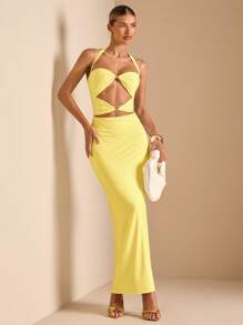 SHEIN BAE Đầm Maxi Ôm Sát Gợi Cảm Khoét Hở Lưng Buộc Dây Kim Loại Nhiều Lớp, Phong Cách Kỳ Nghỉ - Màu vàng - Xem 5