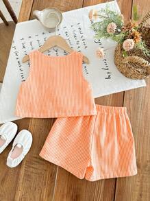 Emery Rose Kids Emery Rose Kids 2pcs Young Girl Set: Woven Striped Round Neck Top And Woven Shorts - Orange - View 2