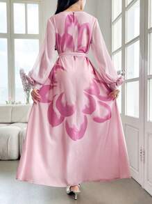 Modelyn 超大法式袖定位花卉印花连衣裙，适合春夏季 - 粉色 - 查看 3